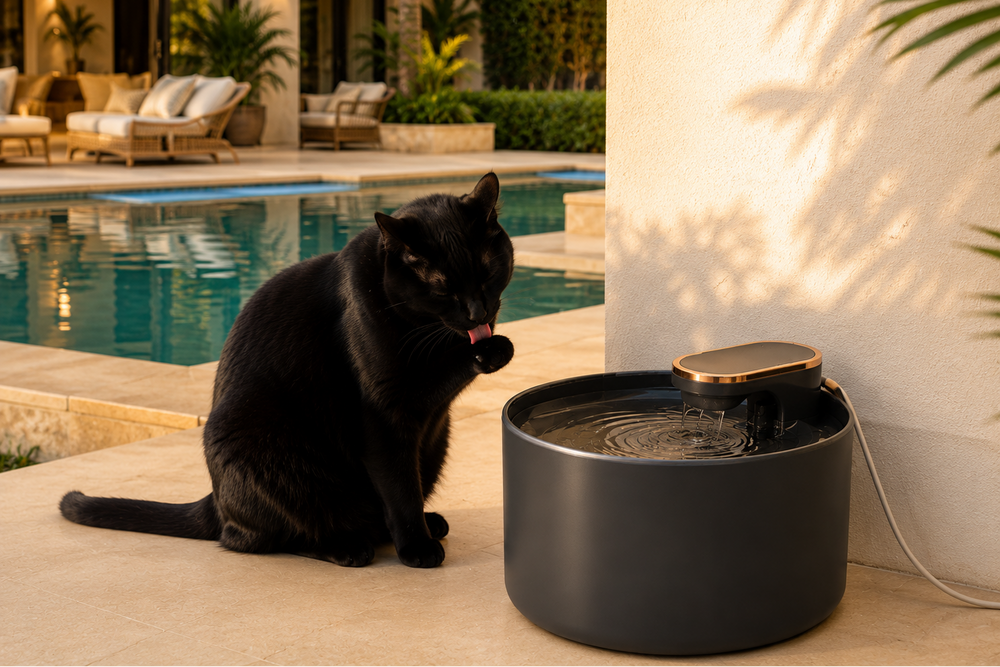 Black cat drinking from a water fountain by a pool